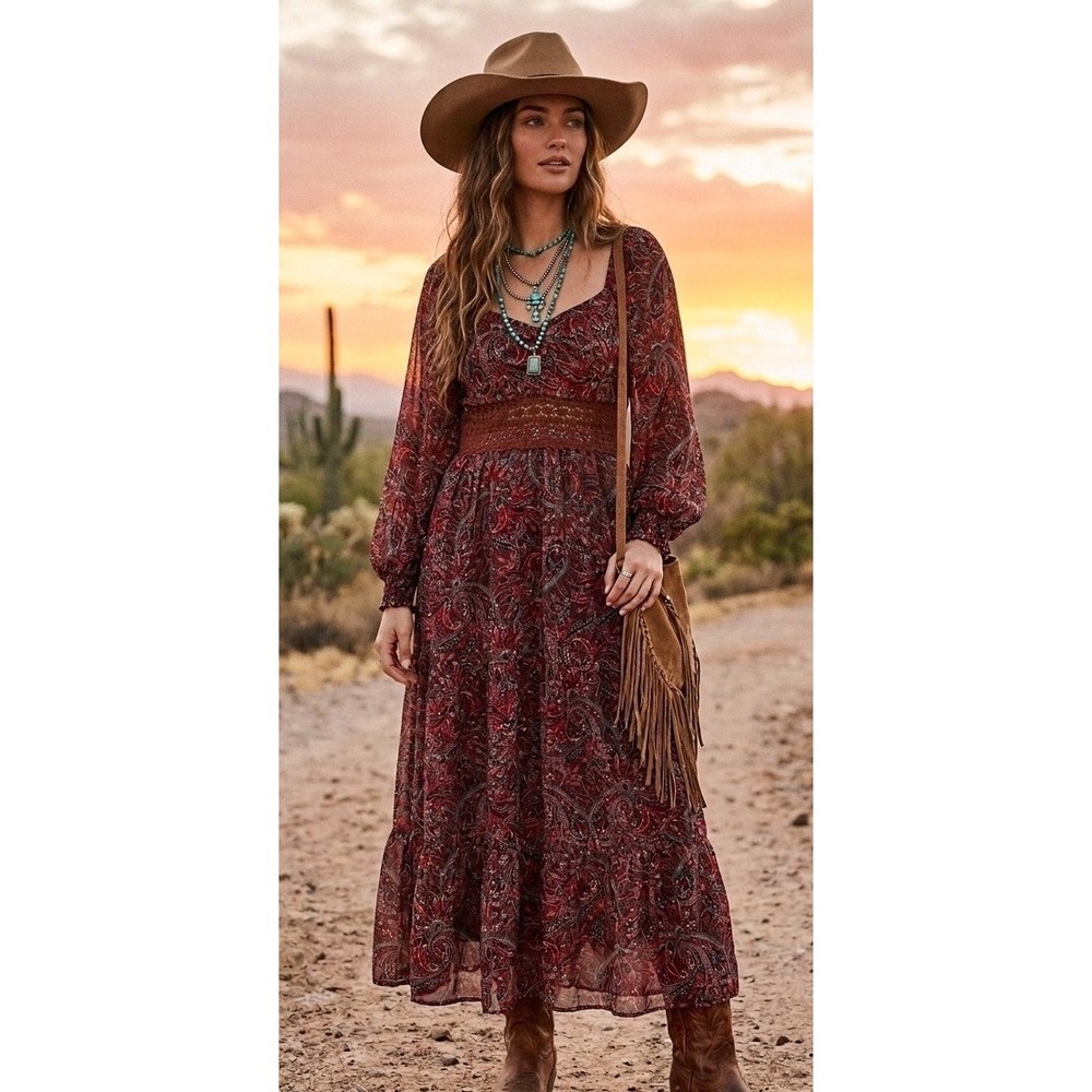 Shein Maxi Dress Womens XL Lace Babydoll Trim Smocked Boho Western Cottage Hippy